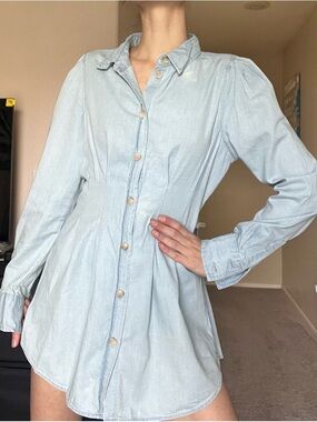 Light Wash Button-Front Denim Shirt Dress
